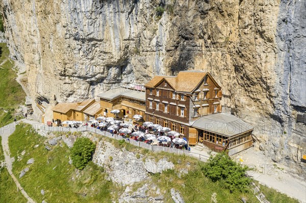 Ebenalp, Guest house Aescher, Wildkirchli under the Ascher cliff, aerial view, Ebenalp, Appenzell,