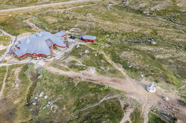 Aerial view of the arctic circle center, polar circle, E6 highway, Norway, Europe