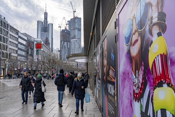 Zeil shopping street, pedestrian zone, winter weather, city centre skyline, sale, banking district,