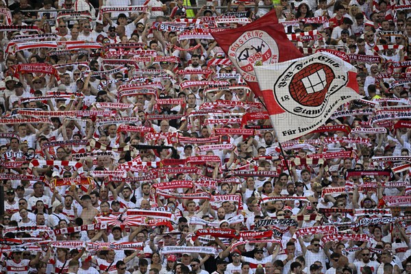 Fan block VfB Stuttgart flags, scarves, atmosphere, atmospheric, MHPArena, MHP Arena Stuttgart,