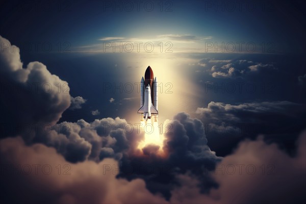 Aerial view of a rocket shuttle carrier launch at sunrise over an ocean coast. The rocket is