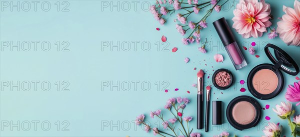 Flat lay of beauty cosmetics products set. Eyeshadow, lipstick, blush and other makeup accessories,