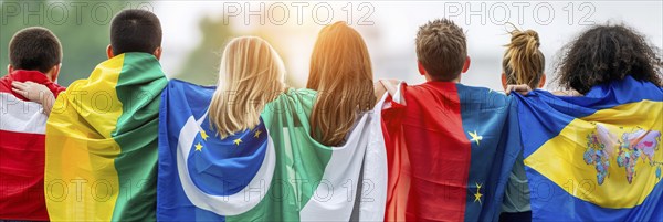 Patriotic people wrapped in international flags to show unity during times of political crisis, AI
