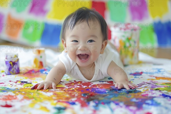Creative asian child having fun drawing and playing with colors and painting brushes, AI generated