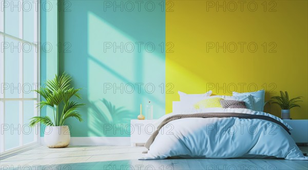 Vibrant bedroom in urban modern condo painted in bright colors with minimalistic approach, AI