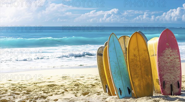 Surfboards stuck in the sand on the beautiful beach with ocean waves in the background, AI