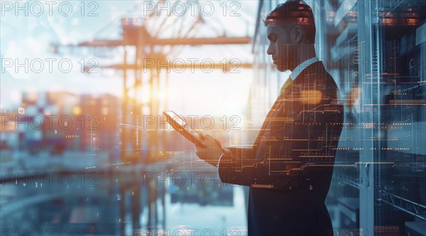 Confident business manager observing construction project progress in downtown financial centre, AI