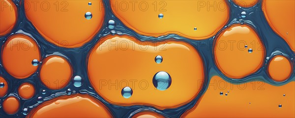 Illustration of oil and water bubbles floating serenely juxtaposed against a vivid orange