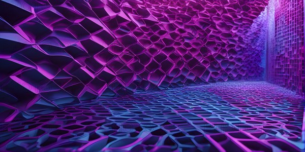 Abstract rendering of organic grid structure in a complex pattern in blue and magenta colors, AI