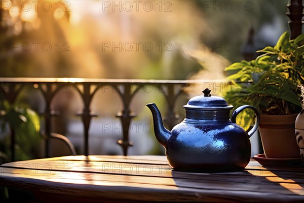 Blue colored tea kettle whistling on a rustic wooden table in soft morning sunlight, AI generated