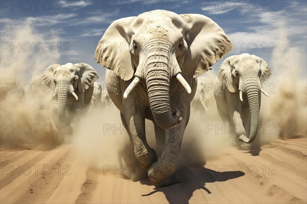Running Desert elephants, Africa, AI generated