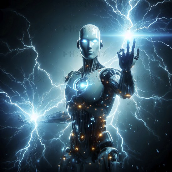 A humanoid robot is charged with energy and sprays lightning, symbolic image electricity,
