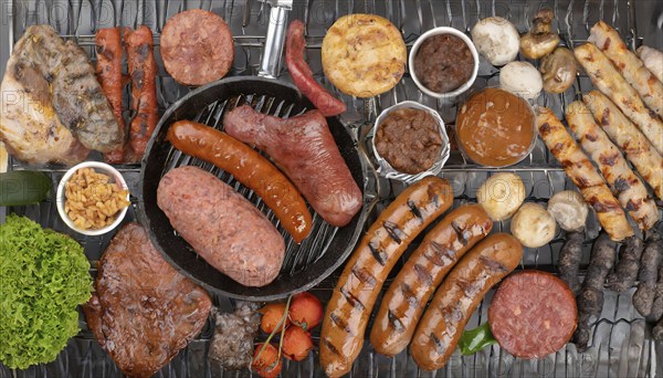 Food, dishes, lots of grilled beef steaks and sausages on a grill, AI generated, AI generated