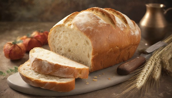Food, baked goods, a loaf of bread, farmhouse bread, with slicing, AI generated, AI generated