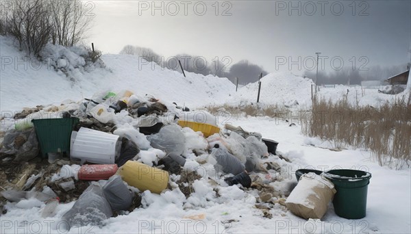 Symbolism, rubbish on the roadside in the snow, AI-generated, AI-generated, AI generated