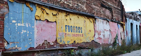 Grunge ripped torn placard posters background in white, pink, blue and yellow colors, AI generated