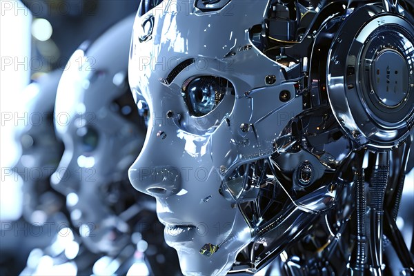 Advanced humanoid robot heads illustrating future robot concepts, AI generated