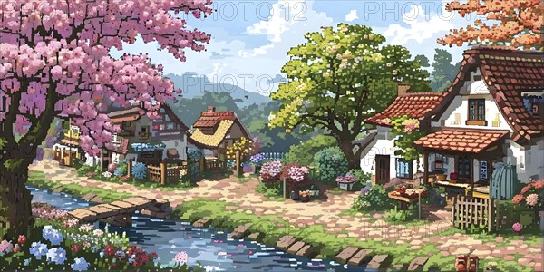 Pixel art illustration of a cozy village in spring with vibrant blooming tress and flowers, AI