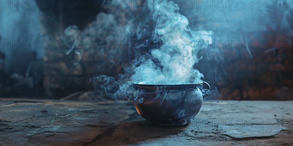 Banner with Halloween witch cauldron with blue smoke. Generative AI, AI generated