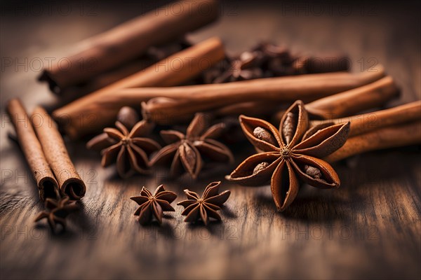 Christmas spices like cinnamon sticks, star anise, and cloves arranged on a wooden table, with soft