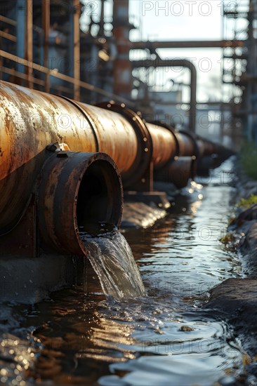 Rusty sewage pipe discharges dirty water into a stream, AI generated