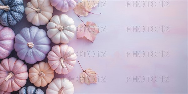 Top view of pastel cute pumpkins on pink background with copy space. Generative Ai, AI generated