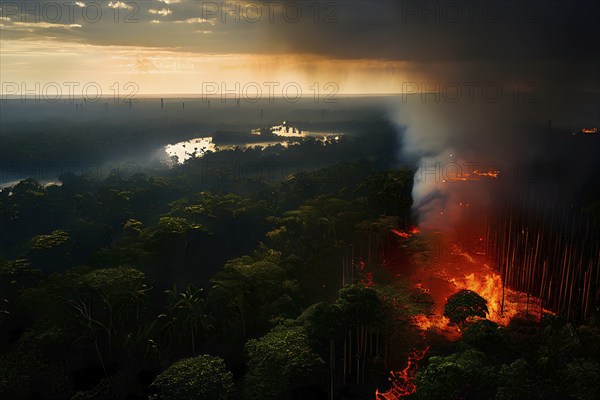 Aerial view capturing the dramatic fire clearing deforestation in the amazon rainforest, AI