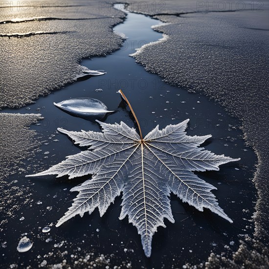 Delicate leaf resting on the surface of a frozen puddle, with intricate ice crystals forming