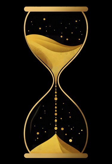 Minimalist hourglass illustration with abstract golden sand falling slowly, representing the