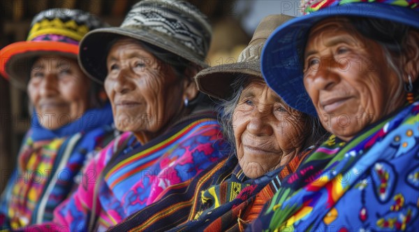 Smiling native indigenous people of Ecuador and South America, dressed in colorful native clothes,