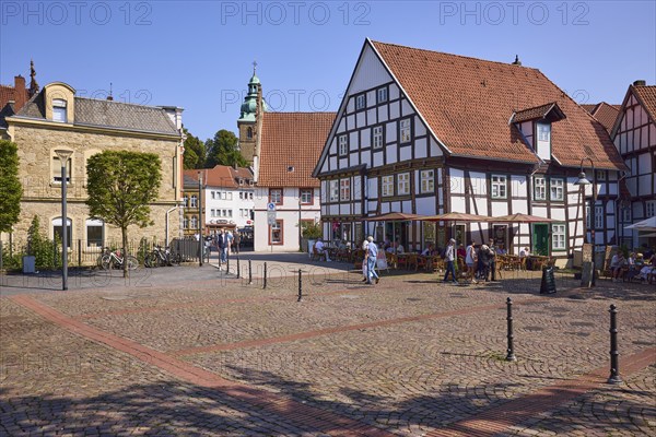 Historic buildings, half-timbered house, trees and Protestant town church on the Hallenbrink with