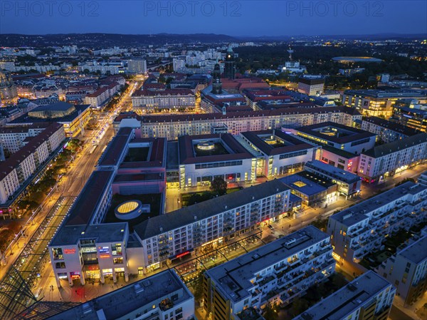 Wiolsdruffer Straße with Wallstraße and Altmarktgalerie, Dresden night aerial view, Dresden,