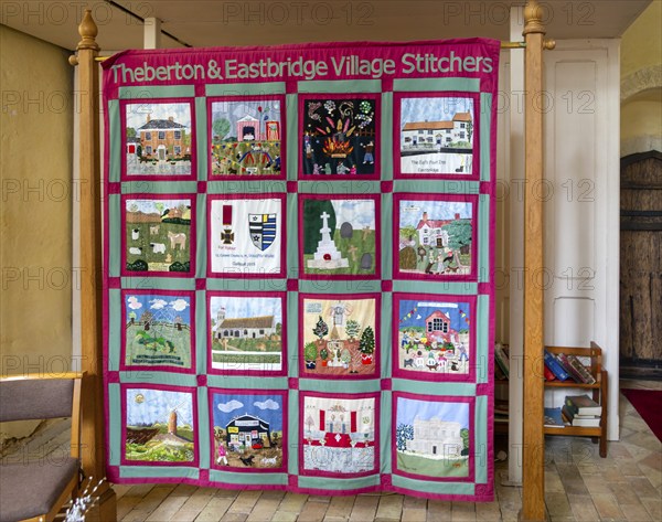 Display in church of textiles stitching work by Theberton and Eastbridge stitchers, Theberton,