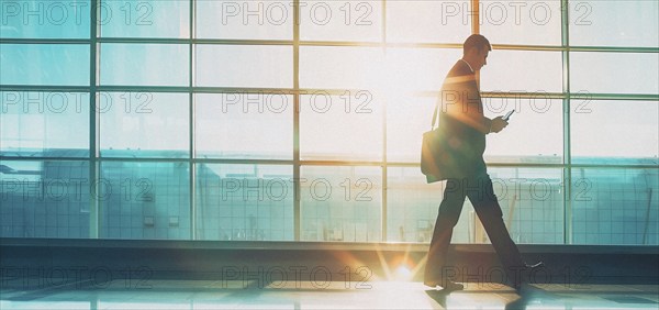 Passenger businessman in modern international airport waiting for plane departure, AI generated