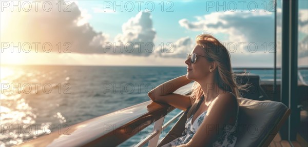 Young beautiful lady sitting on a cruise ship deck during luxury cruise and looking at azure ocean,