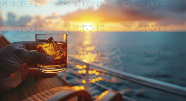 Cruise Caribbean vacation. Person with cup of drink stand on the cruise ship deck at scenic sunset,