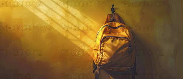A yellow school backpack is hanging on a wall. Back to school or going on vacation concept, AI