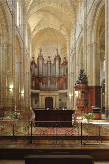 Organ and pulpit of the Gothic church, Ste-Marie-Madelein, interior view, wood carving, arts and