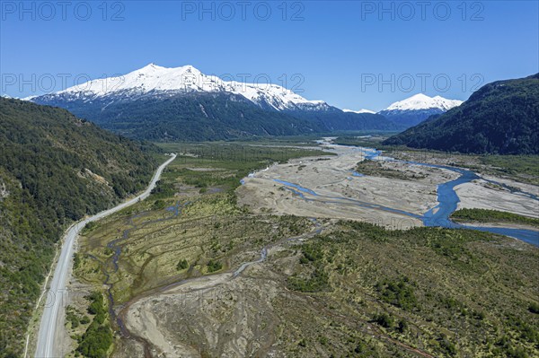 Wide valley of river Rio ibanez, dead trees caused by eruption of volcano Hudson, aerial view,