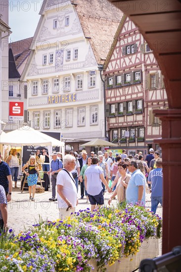 Market scene in front of a half-timbered house and a pharmacy, animated by people and decorated