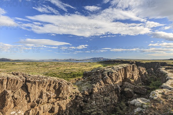 Lava fields, tectonic plates, continental plates, crevasses and canyons, summer, sunny, Thingvellir