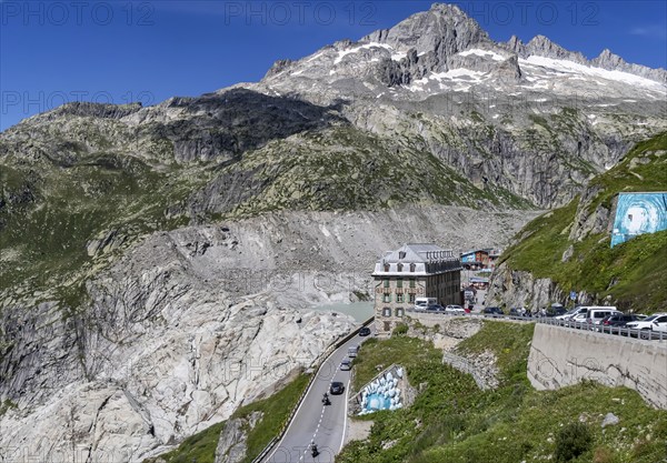 Hotel Belvédère on the Furka Pass, the most famous pass hotel in the world. The building is closed