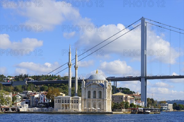 Ortakoy Mosque or Grand Mecidiye Mosque under the Bosphorus Bridge, Besiktas, Istanbul, Turkey,