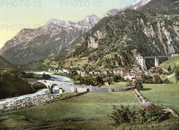 Amsteg, general view, St. Gotthard Railway, Switzerland, Historical, digitally restored