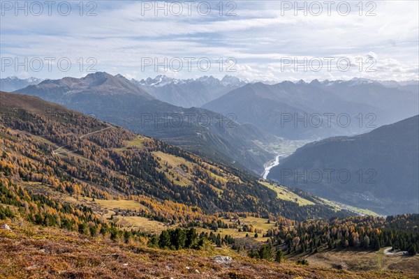 View of the mountain panorama and the Upper Inn Valley in the morning light, Krahberg on the Venet