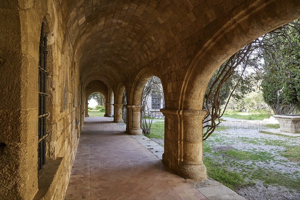 Monastery of Our Lady of Mount Filerimos, Historic stone portico with views of the surrounding