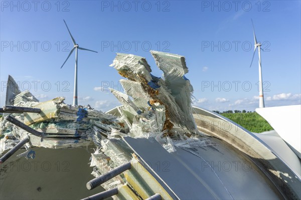 Close-up of a dismantled blade of a 23-year-old wind turbine, it consists of a mix of materials,
