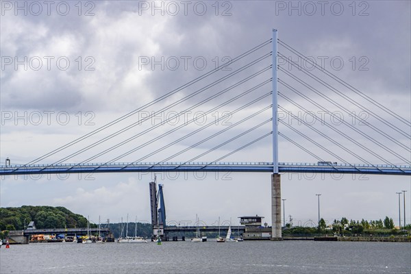 The Rügen Bridge near the Hanseatic city and UNESCO World Heritage Site, Stralsund, behind the open