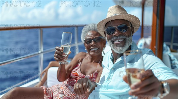 African american couple enjoying cocktails on the deck of a luxury cruise ship. generative AI, AI