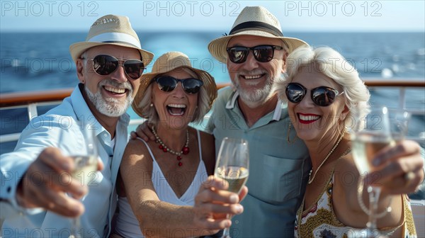 Group of friends enjoying cocktails on the deck of a luxury cruise ship. generative AI, AI